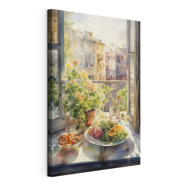 Canvas Schilderijen Aquarel van een tafel met eten en bloemen voor een raam