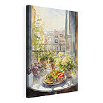 Canvas Schilderijen Aquarel schilderij van bloemen en fruit op een tafel voor een raam