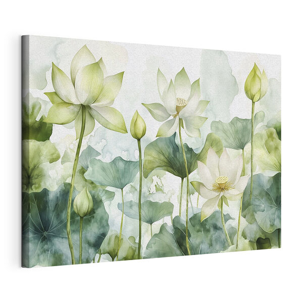 Canvas Schilderijen Schilderij van witte bloemen en groene bladeren