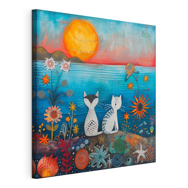 Canvas Schilderijen Katten die genieten van een levendige zonsondergang aan zee