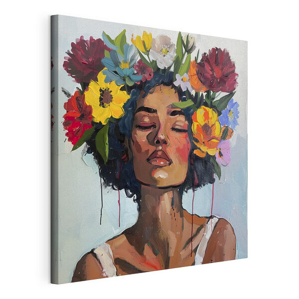 Canvas Schilderijen Schilderij van een vrouw met bloemen in haar haar