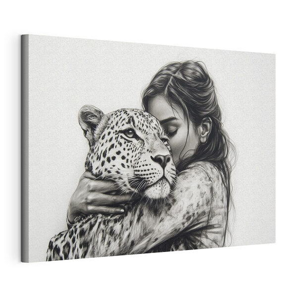 Canvas Schilderijen Tekening van een vrouw die een luipaard knuffelt