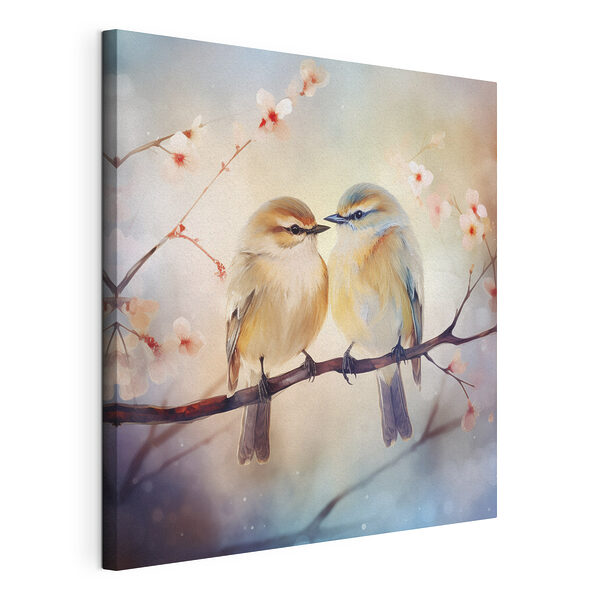 Canvas Schilderijen Twee vogels op een tak
