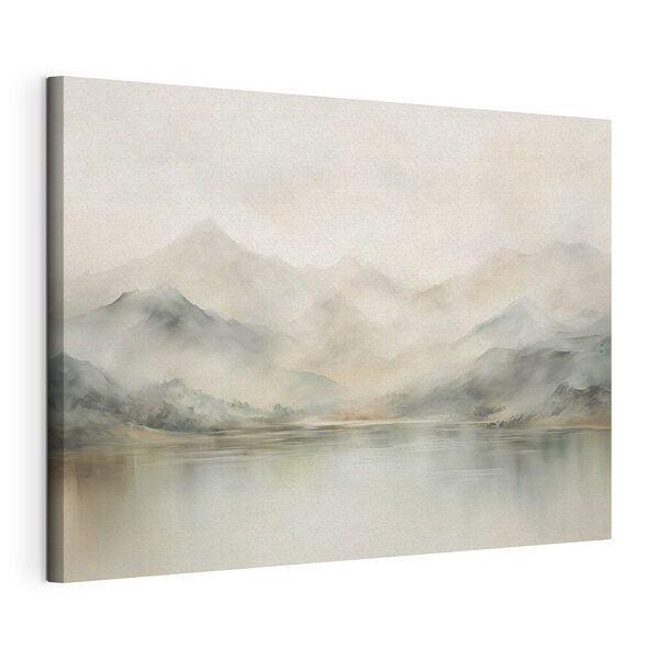 Canvas Schilderijen Aquarel van een meer met bergen in de verte