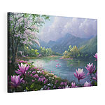 Canvas Schilderijen Rivier met bloemen en bergen op de achtergrond