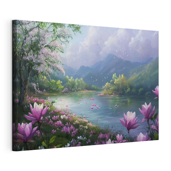 Canvas Schilderijen Rivier met bloemen en bergen op de achtergrond