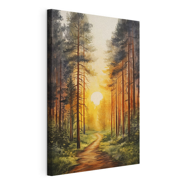 Canvas Schilderijen Schilderij van een bos met een pad en bomen