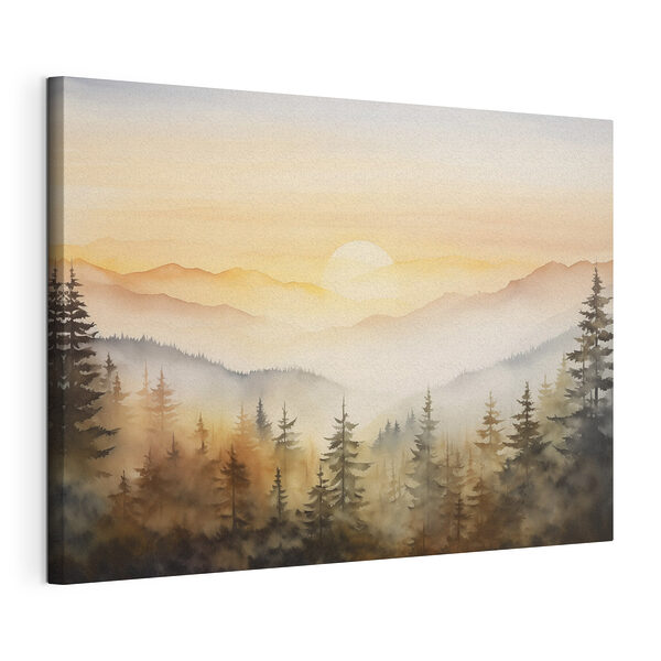 Canvas Schilderijen Aquarel van een bos en bergen