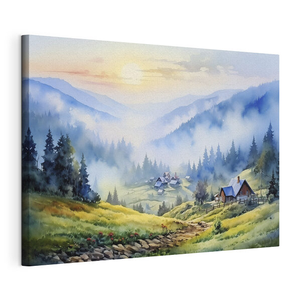 Canvas Schilderijen Schilderij van een dorp in de bergen