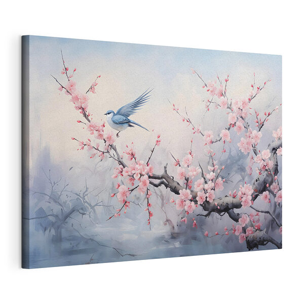 Vogel op een tak met roze bloemen Canvas Schilderijen Vogel op een tak met roze bloemen