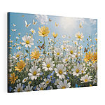 Canvas Schilderijen Groep vlinders vliegend over een veld met bloemen