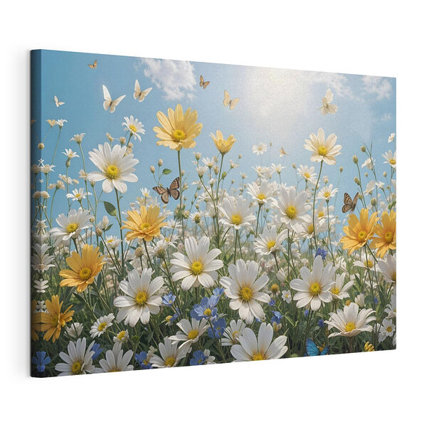 Canvas Schilderijen Groep vlinders vliegend over een veld met bloemen