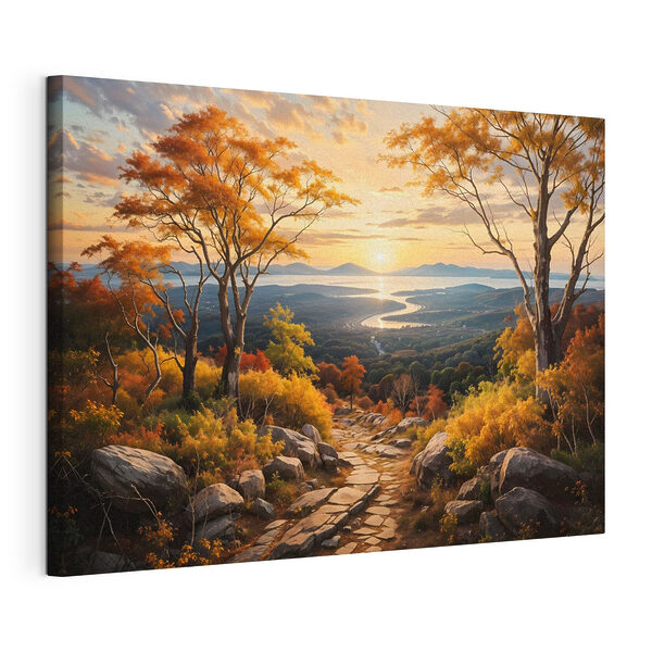 Pad door een vallei met bomen en een rivier Canvas Schilderijen Pad door een vallei met bomen en een rivier