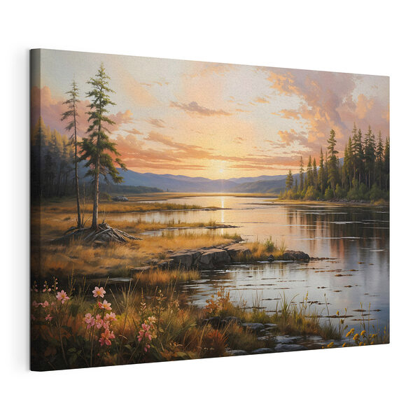 Canvas Schilderijen Landschap van een meer met een zonsondergang