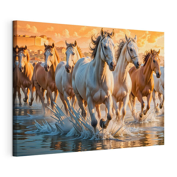 Canvas Schilderijen Groep paarden loopt door water