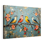 Canvas Schilderijen Groep vogels op een tak met bloemen