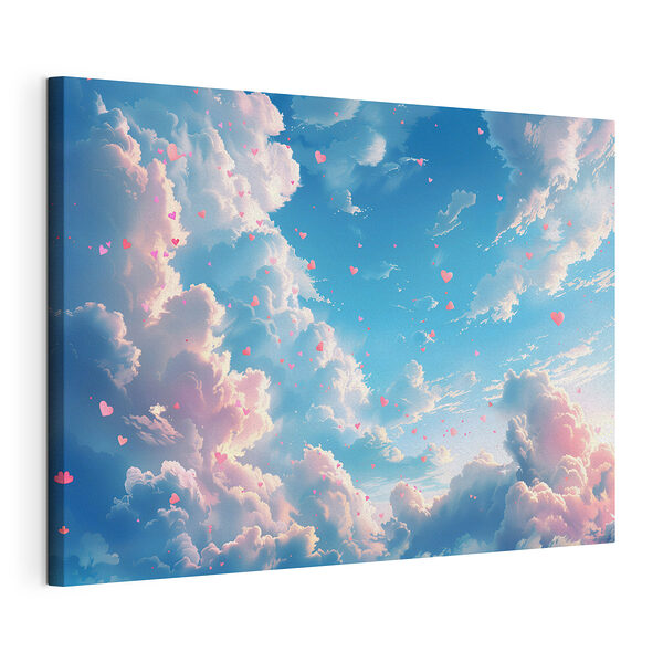 Canvas Schilderijen Blauwe lucht met wolken en roze hartjes