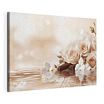 Canvas Schilderijen Groep witte rozen en kaneelstokjes in water
