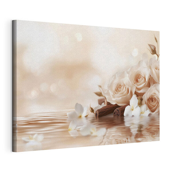 Canvas Schilderijen Groep witte rozen en kaneelstokjes in water