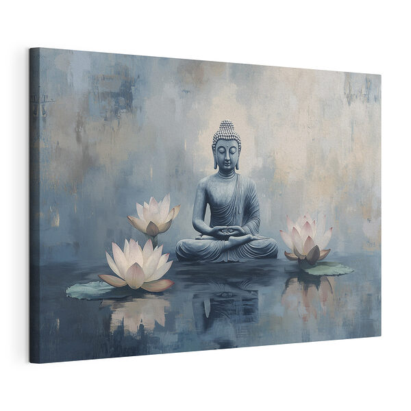 Canvas Schilderijen Boeddhabeeld zittend in lotushouding omringd door water