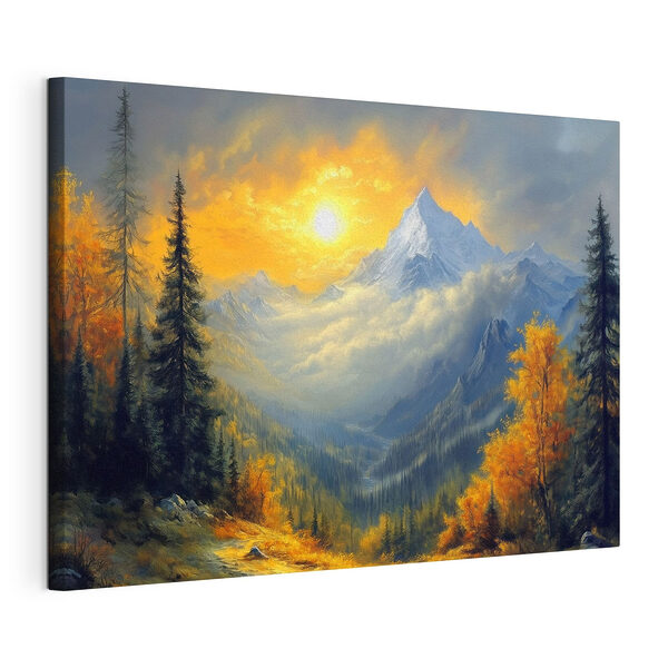Berglandschap met bomen en wolken Canvas Schilderijen Berglandschap met bomen en wolken