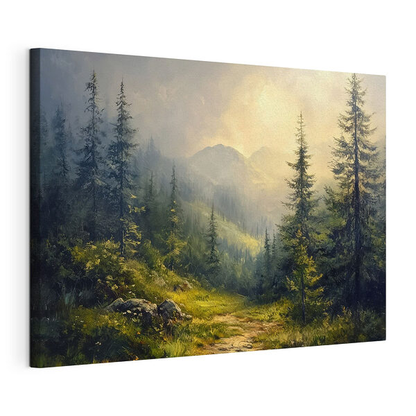 Canvas Schilderijen Schilderij van een bos met bergen en bomen