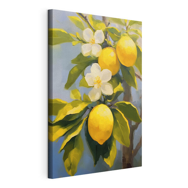 Canvas Schilderijen Schilderij van citroenen en bloemen op een boom