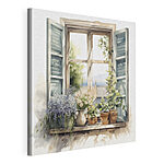 Canvas Schilderijen Aquarel van een raam met potplanten