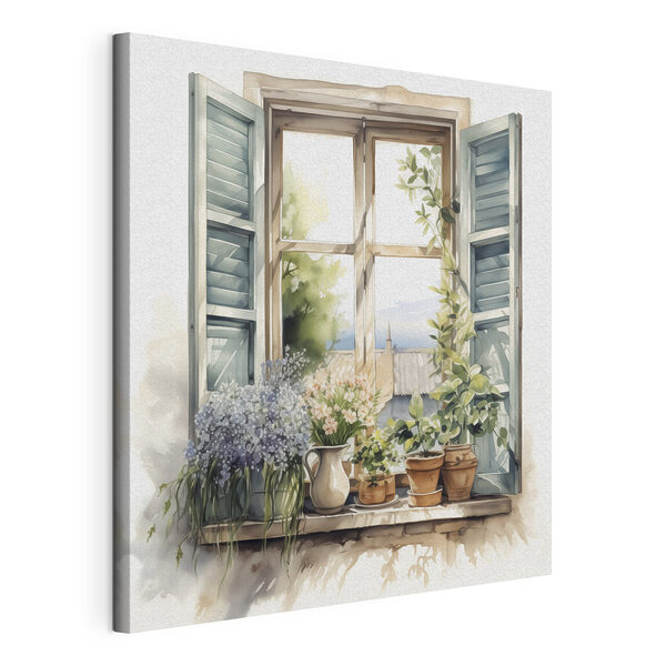Canvas Schilderijen Aquarel van een raam met potplanten