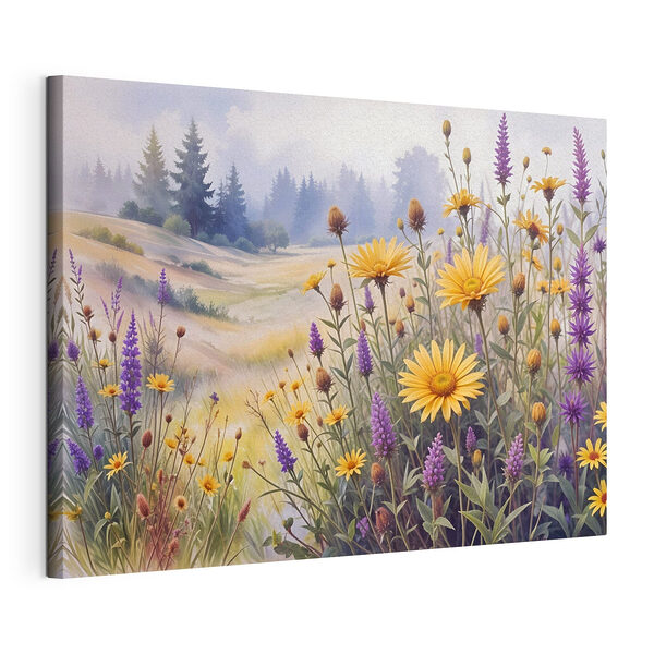 Canvas Schilderijen Veld met bloemen en gras
