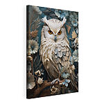 Canvas Schilderijen Witte uil met gele ogen en een blauwe achtergrond met bloemen