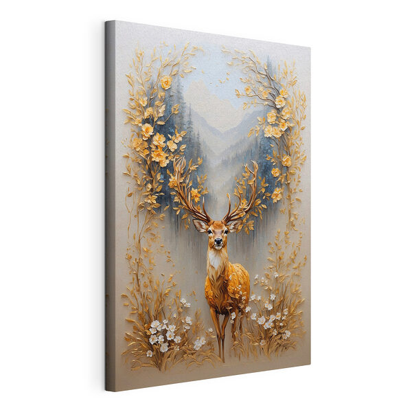 Canvas Schilderijen Schilderij van een hert met bloemen en bergen