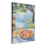 Canvas Schilderijen Aquarel van een pizza en drankjes op een tafel