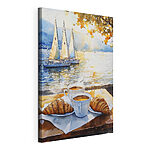 Canvas Schilderijen Aquarel van een tafel met koffie en croissants