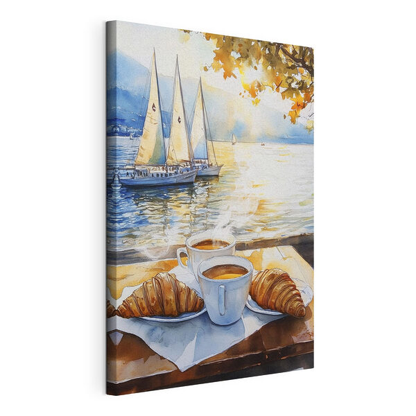 Canvas Schilderijen Aquarel van een tafel met koffie en croissants