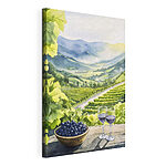 Canvas Schilderijen Schilderij van wijnglazen en druiven op een tafel voor een wijngaard