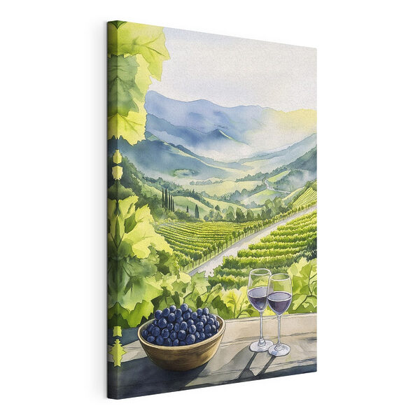 Schilderij van wijnglazen en druiven op een tafel voor een wijngaard Canvas Schilderijen Schilderij van wijnglazen en druiven op een tafel voor een wijngaard