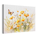 Canvas Schilderijen Vlinder vliegend over gele en witte bloemen
