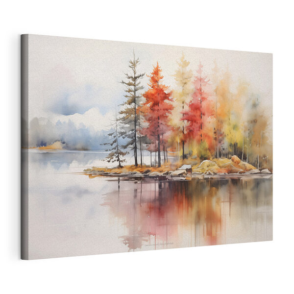 Canvas Schilderijen Aquarel van bomen en rotsen op een meer