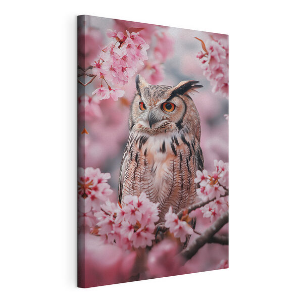 Canvas Schilderijen Een uil in een boom met roze bloemen