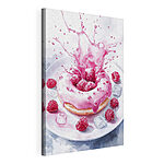 Canvas Schilderijen Donut met roze glazuur en frambozen die op een wit bord spatten