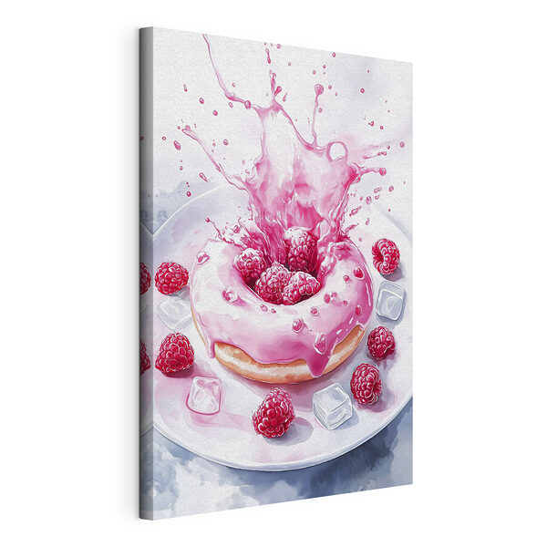 Donut met roze glazuur en frambozen die op een wit bord spatten Canvas Schilderijen Donut met roze glazuur en frambozen die op een wit bord spatten