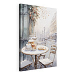Canvas Schilderijen Tafel met koffiekopjes en croissants erop