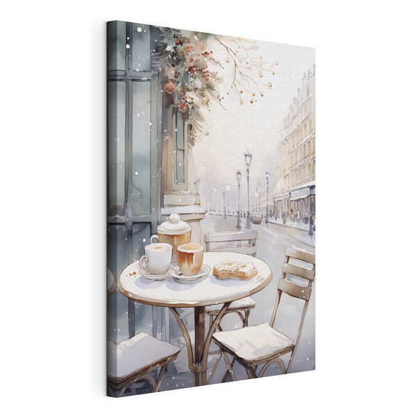 Canvas Schilderijen Tafel met koffiekopjes en croissants erop