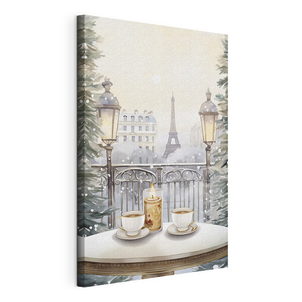 Canvas Schilderijen Schilderij van een theeservies op een balkon met een hoge toren op de achtergrond