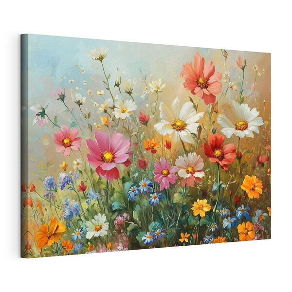 Schilderij van bloemen in een veld Canvas Schilderijen Schilderij van bloemen in een veld