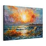 Canvas Schilderijen Schilderij van een zonsondergang boven een waterlichaam