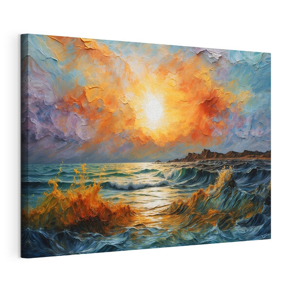 Canvas Schilderijen Schilderij van een zonsondergang boven een waterlichaam