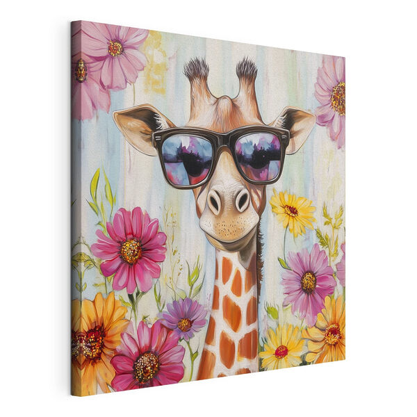Canvas Schilderijen Giraffe met zonnebril en bloemen