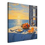 Canvas Schilderijen Schilderij van een mand fruit op een tafel met een glas wijn